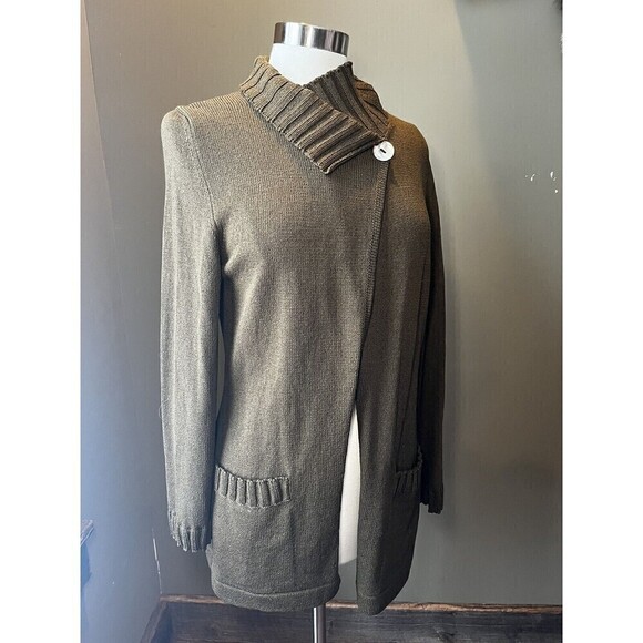 womens maria ficalora Single Cross neck button olive green Cardigan Size M - Picture 1 of 11